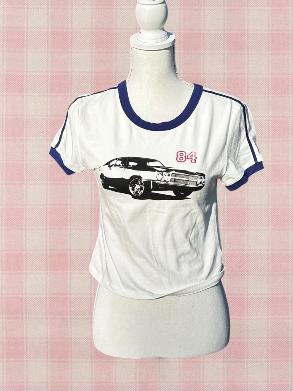 White & Navy Graphic Car Ringer Tee - Kids